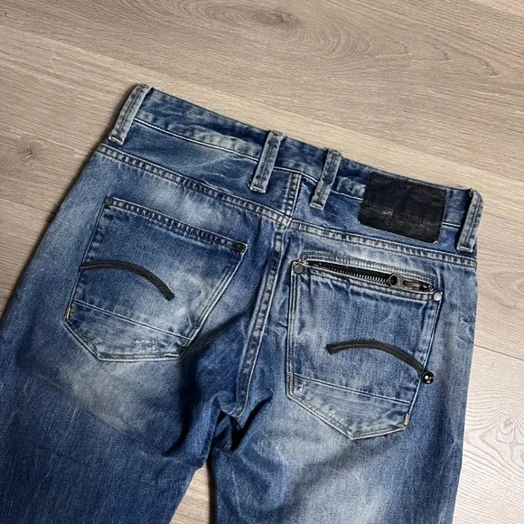 Y2K G Star RAW Attacc Low Straight Jeans Blue Distressed Denim Jeans Size 30